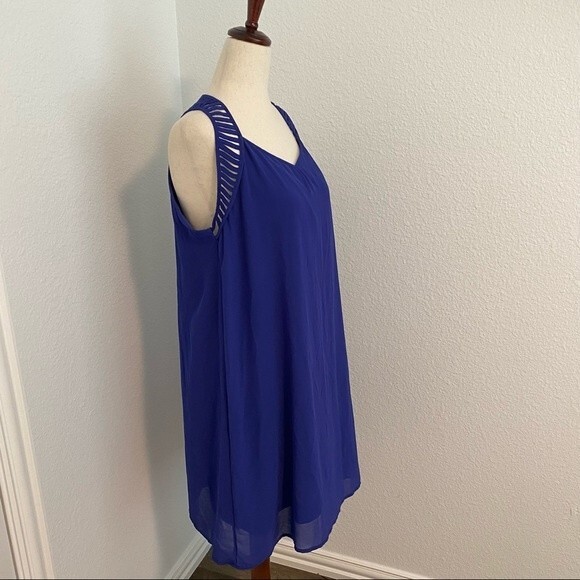UA LA Cut Out Lattice Detail Dress Sleeveless Sexy Blue Purple Silk Midi SZ L - Picture 4 of 10